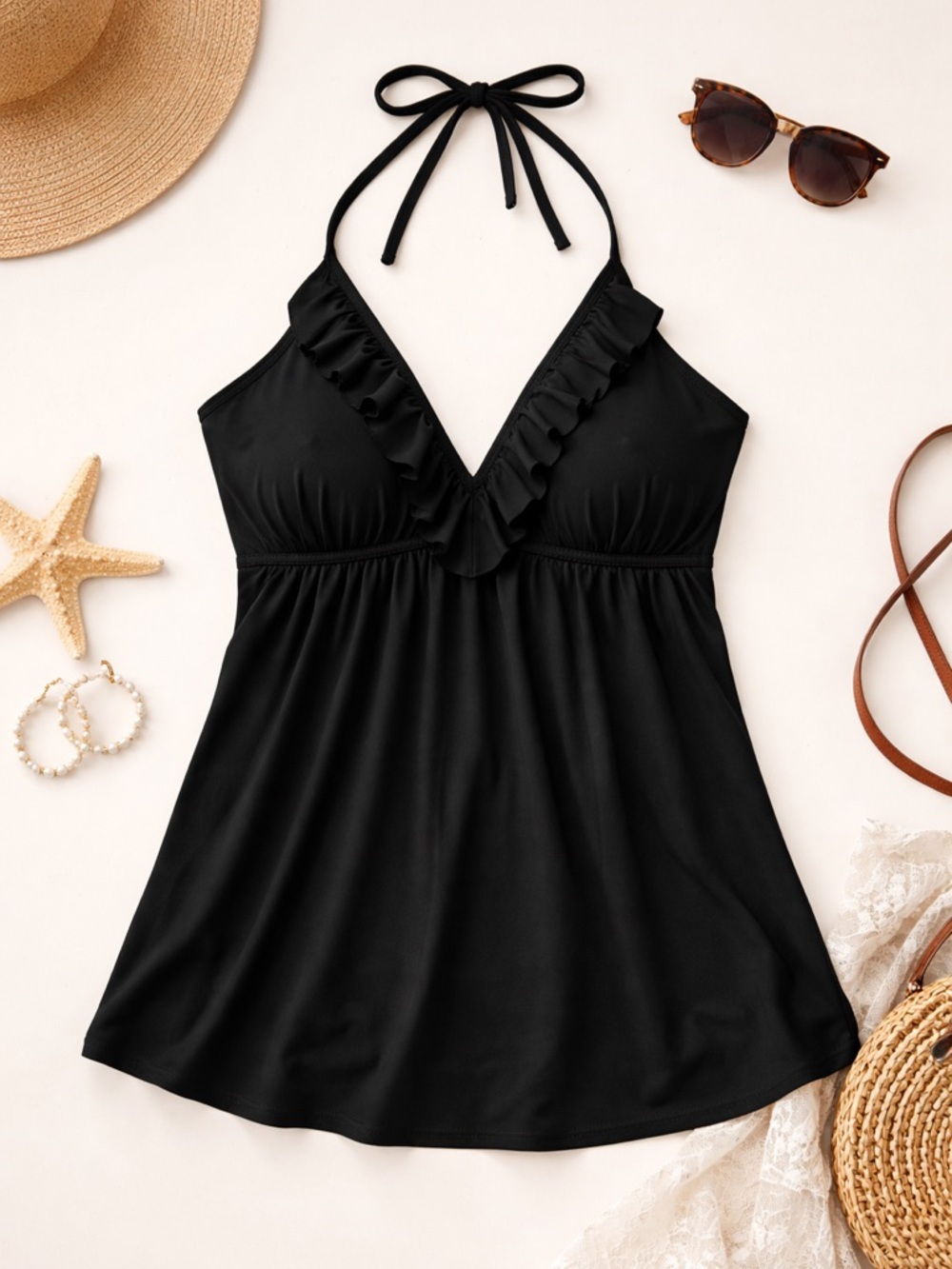 Bisou Bisou Women’s Black Ruffle Tankini Top Medium